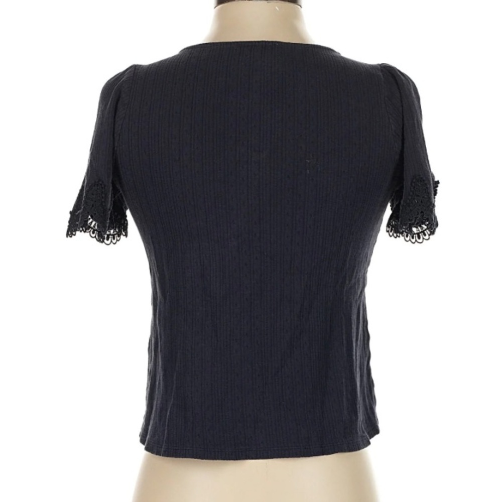 SEZANE CLEA TEE SHIRT 100% Cotton Ribbed Lace Sleeves Navy Blue XS - Picture 2 of 11
